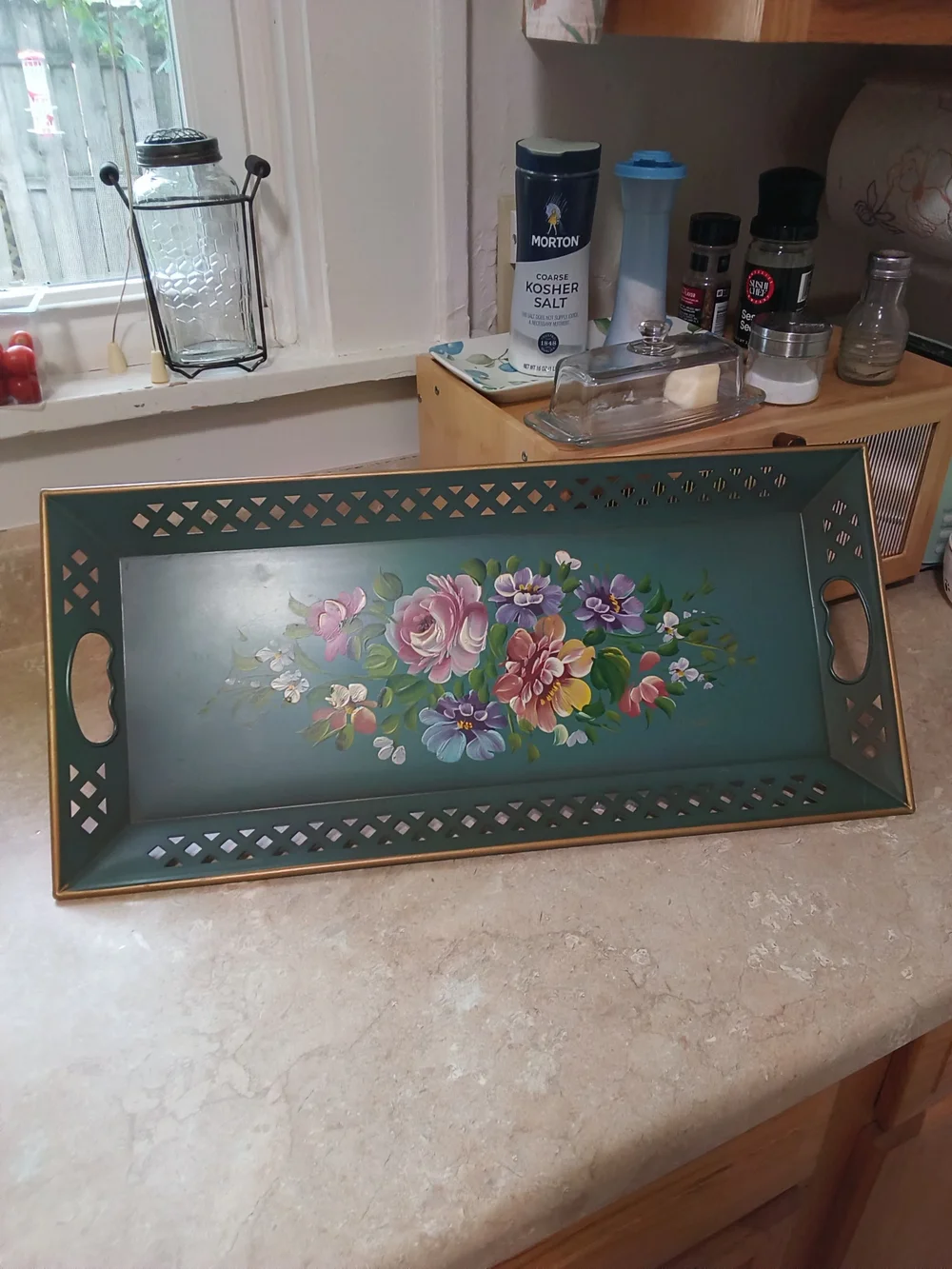 1950's Nashco Metal Hand-Painted Tole Floral Serving Tray - Teal Green